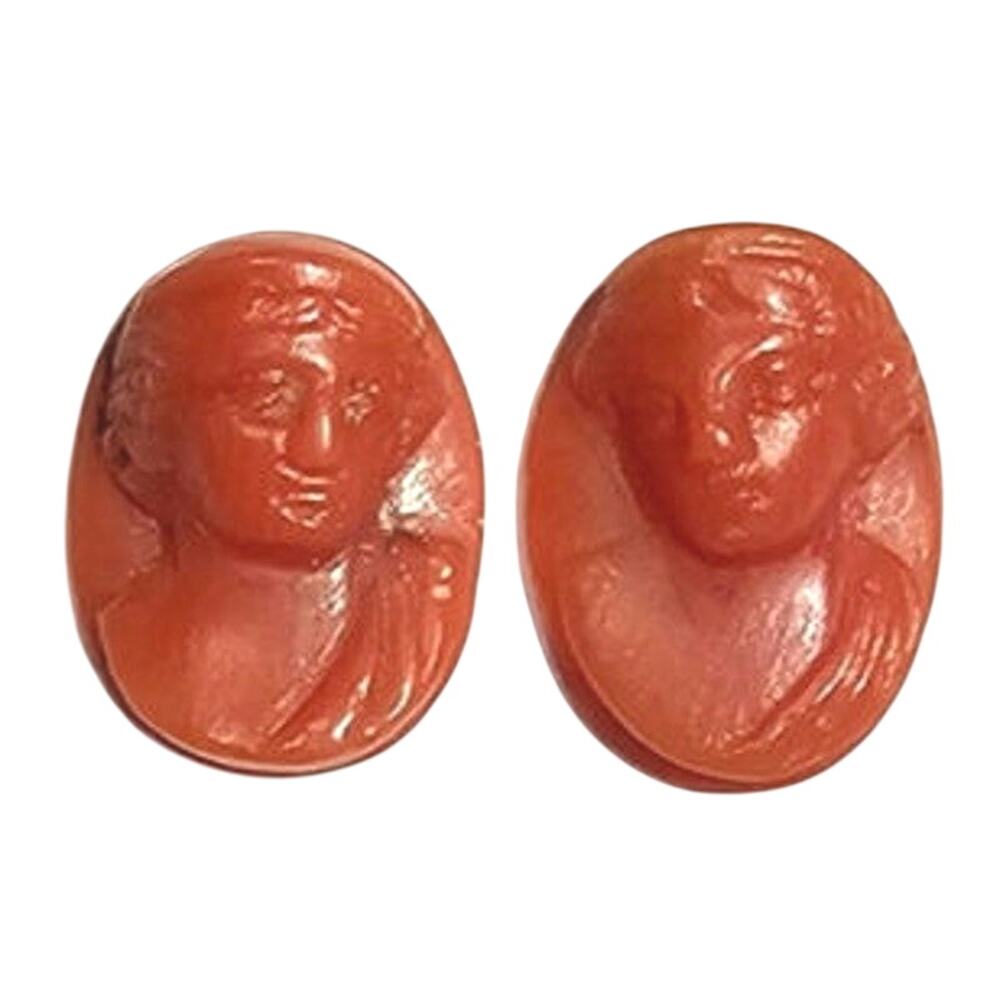 Antique Victorian Pair of Matching Natural Mediterranean Red Coral Oval Cameos